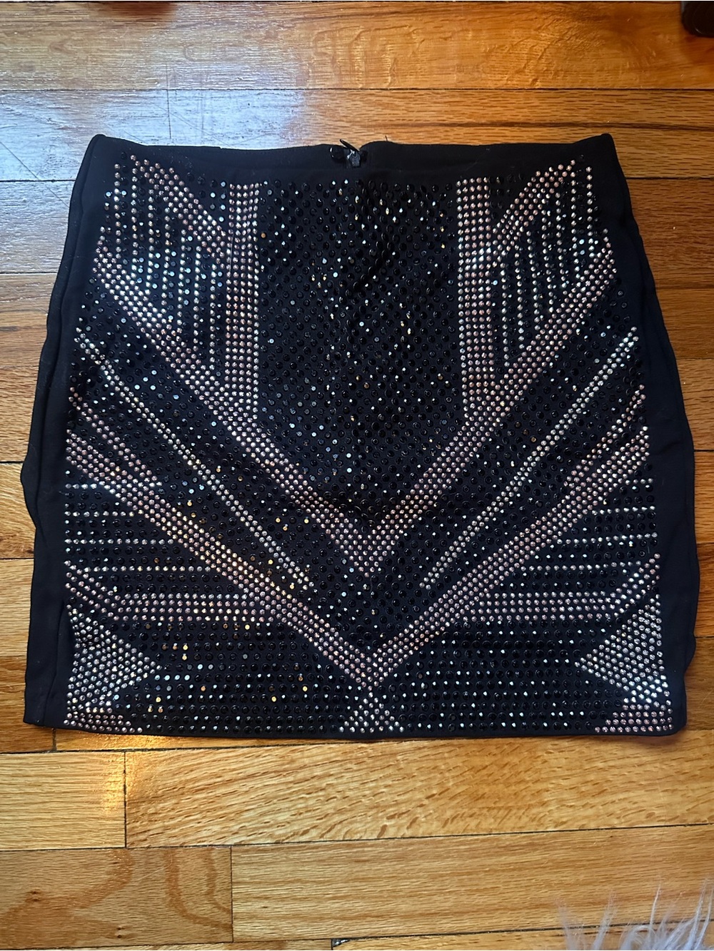 Divided Black Mini Skirt with Silver Rhinestone Chevron Design
